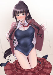 1girl black_hair black_one-piece_swimsuit black_socks blazer blunt_bangs blush breasts brown_jacket cameltoe checkered_clothes checkered_skirt cleavage collared_shirt competition_school_swimsuit dress_shirt embarrassed facing_viewer full_body hands_up high_ponytail highres holding holding_jacket holding_unworn_clothes jacket kneeling knees_together_feet_apart large_breasts long_hair looking_at_viewer mahou_sensei_negima! necktie nervous one-piece_swimsuit ookouchi_akira open_clothes open_jacket open_shirt parted_lips partially_undressed plaid_clothes plaid_skirt ponytail red_necktie red_skirt school_swimsuit school_uniform shirota_mizuki shirt shy sidelocks sitting skirt socks solo swimsuit swimsuit_under_clothes undressing unworn_jacket unworn_skirt wariza white_shirt