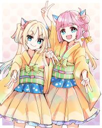Rule 34 | 2girls, adapted costume, animal ears, anyoji hime, blonde hair, blue eyes, blunt sidelocks, border, cat ears, commentary request, cowboy shot, double gyaru v, double v, fang, fang out, gradient background, gradient hair, green sash, gyaru v, highres, identity (love live!), japanese clothes, kanduki kamibukuro, kimono, kimono dress, link! like! love live!, long hair, love live!, mira-cra park!, multi-tied hair, multicolored hair, multiple girls, obi, obiage, official alternate costume, orange kimono, osawa rurino, outside border, pink hair, polka dot, polka dot background, ponytail, purple background, sash, sidelocks, skin fang, twintails, v, virtual youtuber, white border