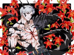 1boy abs belt belt_buckle black_claws black_horns blue_belt border buckle collarbone commentary commission dragon_boy dragon_claw dragon_horns dragon_tail ear_chain ear_piercing flower gem grey_hair hand_up highres horns linked_piercing looking_at_viewer love_and_deepspace male_focus muscular muscular_male nocnoc outside_border parted_bangs parted_lips pectorals piercing red_eyes red_flower red_gemstone short_hair solo sylus_(love_and_deepspace) tail topless_male white_border