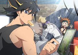 3boys black_hair black_tank_top blonde_hair blue_eyes crow_hogan explosion facial_mark fingerless_gloves fudo_yusei gloves headband jack_atlas jacket lunapont male_focus mouth_hold multiple_boys orange_hair short_hair spiked_hair sunlight surprised tank_top wheel yu-gi-oh! yu-gi-oh!_5d&#039;s