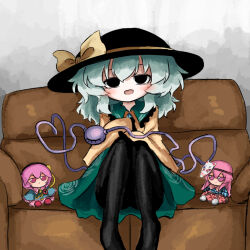 bags_under_eyes black_hat blouse blue_shirt bow bowtie bubble_skirt buttons character_doll commentary_request couch diamond_button expressionless eyeball fox_mask frilled_shirt_collar frilled_sleeves frills fumo_(doll) green_hair green_skirt hair_ornament hairband hat hat_ribbon hata_no_kokoro heart heart_button heart_hair_ornament heripantomorrow komeiji_koishi komeiji_satori mask mask_on_head noh_mask on_couch orange_skirt pantyhose pink_eyes pink_hair pink_skirt plaid_clothes plaid_shirt red_shoes ribbon shirt shoes skirt sleeves_past_wrists smile stuffed_toy third_eye touhou white_shoes wide_sleeves yellow_ribbon yellow_shirt