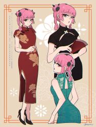 Rule 34 | 1girl, :o, alternate costume, alternate hairstyle, black dress, black eyes, black hair, black shoes, blue dress, braid, china dress, chinese clothes, closed mouth, coral (pokemon), double bun, dress, eyelashes, hair bun, hand fan, high heels, highres, holding, holding fan, looking at viewer, mogutory, multiple views, nintendo, open mouth, pink hair, pokemon, pokemon (anime), pokemon horizons, red dress, shoes, short hair, short sleeves, sleeveless, sleeveless dress, smile, twin braids