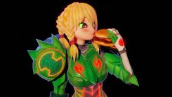 1girl 2024 animated arm_at_side arm_cannon armor black_background blonde_hair blush_stickers braid braided_ponytail burger collarbone colored_sclera commentary eating english_commentary feather_hair_ornament female_focus food glowing green_armor green_sclera hair_ornament happy holding holding_food long_hair looping_animation low-braided_long_hair low-tied_long_hair metroid metroid_dread metroid_suit nintendo power_suit_(metroid) red_eyes samus_aran sayuriartsy sharp_teeth simple_background solo teeth upper_body video weapon