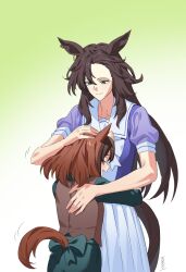 2girls affectionate age_difference aged_down animal_ears back_bow black_hair bow bowtie brown_hair brown_tail brown_vest child closed_eyes commentary_request cowboy_shot ear_piercing green_bow green_eyes green_shirt hand_on_another&#039;s_back headpat height_difference highres horse_ears horse_girl horse_tail hug long_hair matoi_sakuretsu medium_hair motion_lines multiple_girls parted_bangs piercing pleated_skirt puffy_short_sleeves puffy_sleeves purple_shirt sailor_collar sailor_shirt school_uniform shirt short_sleeves skirt speed_symboli_(umamusume) standing symboli_rudolf_(umamusume) tail tracen_school_uniform umamusume vest white_bow white_bowtie white_sailor_collar white_skirt