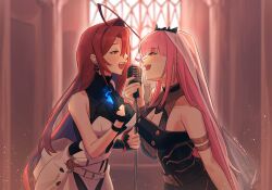 2girls absurdres ahoge black_dress black_tiara blue_fire blue_hair breasts cleavage colored_inner_hair detached_sleeves dress elisbian elizabeth_rose_bloodflame elizabeth_rose_bloodflame_(1st_costume) fire fire_on_chest highres holding holding_microphone hololive hololive_english huge_ahoge large_breasts long_hair looking_at_viewer microphone microphone_stand mori_calliope mori_calliope_(1st_costume) multicolored_hair multiple_girls music open_mouth pink_eyes pink_hair red_eyes red_hair singing single_detached_sleeve smile tiara two-tone_hair veil very_long_hair virtual_youtuber white_dress
