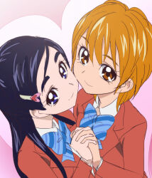 10s 2014 2girls blue_eyes blue_hair bow bowtie futari_wa_precure hair_ornament heart heart_background heart_hair_ornament holding_hands jacket long_hair looking_at_viewer matching_hair/eyes misumi_nagisa multiple_girls oimanji orange_eyes orange_hair precure red_jacket school_uniform short_hair smile upper_body verone_gakuin_school_uniform yukishiro_honoka