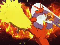 blaziken claws colored_sclera commentary_request creatures_(company) fire game_freak gen_3_pokemon green_eyes leg_up looking_to_the_side nintendo nishieda_kanoe open_mouth pokemon pokemon_(creature) red_fur solo yellow_fur yellow_sclera