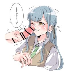 2girls bang_dream! bang_dream!_it&#039;s_mygo!!!!! blue_hair blush brown_eyes clenched_teeth cropped_torso cum cum_on_body facial futa_with_female futanari highres long_hair misumi_uika multiple_girls necktie penis penis_on_face rousei school_uniform simple_background solo_focus speech_bubble teeth togawa_sakiko translation_request twintails white_background