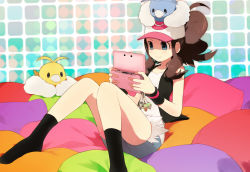 Rule 34 | 10s, 1girl, alternate color, bad id, bad pixiv id, baseball cap, bianca (pokemon), black legwear, blue eyes, brown hair, charm (object), cheren (pokemon), gen 3 pokemon, handheld game console, hat, hilda (pokemon), long hair, n (pokemon), nintendo, nintendo 3ds, noe yuuhi, pillow, pokemon, pokemon (creature), pokemon bw, pokemon bw2, shiny pokemon, smile, socks, swablu