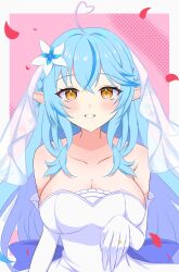 1girl ahoge arlonn bare_shoulders blue_hair blush border breasts cleavage dress elf gloves heart heart_ahoge highres hololive jewelry large_breasts multicolored_hair pink_hair pointy_ears red_petals ring simple_background solo strapless strapless_dress two-tone_hair upper_body veil virtual_youtuber wedding_dress wedding_ring white_border white_dress white_gloves yellow_eyes yukihana_lamy