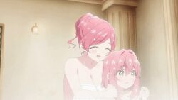 2girls animated animated_gif anime_screenshot arms_up bath blush bouncing_breasts breasts bubble closed_eyes convenient_censoring hanazono_hahari hanazono_hakari indoors kimi_no_koto_ga_dai_dai_dai_dai_daisuki_na_100-nin_no_kanojo large_breasts mature_female mother_and_daughter multiple_girls pink_hair talking towel water water_censor