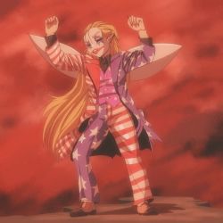 1990s_(style) 1girl american_flag american_flag_coat american_flag_pants american_flag_print batman_(series) blonde_hair brown_footwear clown clownpiece cosplay dancing dc_comics facepaint formal_clothes highres joker_(2019) joker_(dc)_(cosplay) long_hair meme pants pointy_ears print_pants retro_artstyle solo step_arts suit the_joker touhou vest we_live_in_a_society_(meme) wings