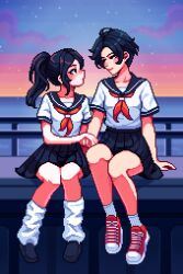 2girls absurdres arm_support aseprite_(medium) black_eyes black_hair blush breasts character_request cloud collarbone commentary english_commentary evening highres holding_hands horizon looking_at_another loose_socks multiple_girls outdoors pixel_art pleated_skirt ponytail red_eyes school_uniform serafuku shoes short_sleeves sitting skirt small_breasts socks star_(sky) sunset white_socks yumykon yumykon_(yumykon) yumyverse yuri
