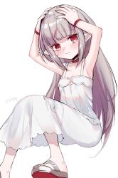 1girl bangle bare_shoulders blunt_bangs blush bracelet breasts cleavage collar collarbone dress embarrassed feet_out_of_frame grey_hair hair_down hands_on_own_head highres jewelry long_hair makaino_ririmu makaino_ririmu_(3rd_costume) multicolored_hair nijisanji platform_sandals pointy_ears red_collar red_eyes red_hair simple_background sitting sleeveless sleeveless_dress small_breasts solo streaked_hair sundress susisanta0707 sweatdrop very_long_hair virtual_youtuber white_background white_dress