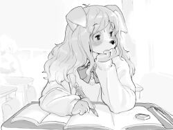 1girl body_fur classroom claws dog_girl eraser furry furry_female greyscale holding holding_pencil indoors kikurage_(crayon_arts) long_hair looking_outside looking_to_the_side monochrome original pencil school_uniform solo sweater upper_body