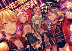 2boys 2girls :d aqua_streaks arms_behind_back asymmetrical_bangs black_hat black_skirt blonde_hair blue_vest blunt_bangs bob_cut bow bowtie breasts cane center_frills checkered_hat collared_shirt commentary english_commentary english_text frills green_hair hair_between_eyes hat hnk_(8718orz) holding holding_cane jacket kamishiro_rui kusanagi_nene long_hair looking_at_viewer low-tied_sidelocks medium_breasts medium_hair multicolored_hair multiple_boys multiple_girls neck_ribbon neon_lights official_alternate_costume ootori_emu open_clothes open_jacket open_mouth orange_eyes pink_eyes pink_hair potato_ni_natte_iku_(vocaloid) project_sekai purple_eyes purple_hair red_bow red_bowtie red_jacket red_ribbon ribbon shirt shirt_tucked_in short_hair sidelocks skirt smile streaked_hair swept_bangs tenma_tsukasa top_hat vest white_shirt wonderlands_x_showtime_(project_sekai) yellow_eyes yellow_trim zenryoku!_wonder_halloween!_(project_sekai)