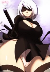blindfold dress nier_(series) nier:automata panties standing sword thighhighs underwear weapon white_panties 2b_(nier:automata) zaviel