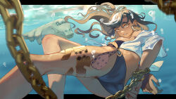 Rule 34 | 1girl, air bubble, arms behind back, ass, bikini, black bikini, black hair, bound, bound wrists, breasts, bubble, centurion (reverse:1999), chain, crocodile, crocodilian, crossed wrists, dark-skinned female, dark skin, feet out of frame, grin, highres, jewelry, kkkkled, long hair, looking at viewer, multicolored hair, reverse:1999, shirt, three-quarter sleeves, smile, solo, streaked hair, swimsuit, thighlet, turning head, underwater, watermark, white hair, white shirt, yellow eyes