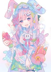 1girl absurdres animal_bag animal_ears apron artist_name asymmetrical_legwear bag bandaged_arm bandages blunt_bangs blush bow bowtie breasts buttons carrot cold_pack collared_shirt commentary_request cowboy_shot diagonal-striped_bow facing_viewer fake_animal_ears fang floral_print flower frilled_sleeves frills green_skirt hair_ornament hairpin heart highres holding holding_strap leaning_forward looking_at_viewer medium_breasts medium_hair multicolored_eyes open_mouth original outstretched_arm pill pink_bag pink_hair pink_shirt pleated_skirt polka_dot rabbit_bag rabbit_ears rabbit_hair_ornament reaching reaching_towards_viewer red_bow shirt simple_background skin_fang skirt solo stitches striped_bow thigh_strap umemaro_(siona0908) white_apron white_background yellow_bow zipper