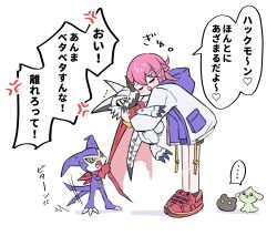 Rule 34 | ..., 1girl, black shorts, blush, botamon, cape, closed eyes, demon boy, digimon, digimon card game, digimon liberator, dragon, full body, green eyes, group picture, gummymon, hackmon (digimon), heart, highres, hood, hooded jacket, horns, hug, impmon, jacket, nagoshi, pink hair, red cape, shorts, simple background, single horn, speech bubble, spoken heart, white background, white jacket, yellow eyes, yuuki (digimon)