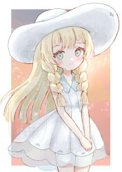 Rule 34 | 1girl, blonde hair, blush, braid, closed mouth, commentary, cowboy shot, dress, green eyes, hat, highres, jasmine--tea, lillie (pokemon), long hair, looking at viewer, nintendo, own hands together, pokemon, pokemon sm, smile, solo, symbol-only commentary, twin braids, white dress, white hat