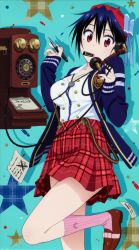 10s 1girl absurdres antique_phone blazer blue_hair bow breasts cable casual cleavage cradling_phone hair_bow hat highres jacket large_breasts long_sleeves mole mole_under_eye mouth_hold nib_pen_(object) nisekoi notepad official_art pen phone plaid_clothes plaid_skirt red_eyes rotary_phone scan skirt socks suspenders tsugumi_seishirou
