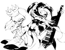 2girls blunt_bangs cephalopod_eyes crop_top crown dress fangs fingerless_gloves gloves greyscale holding holding_instrument inkling instrument keytar long_hair marina_(off_the_hook_outfit)_(splatoon) marina_(splatoon) medium_hair monochrome multiple_girls music nintendo octoling open_mouth pearl_(off_the_hook_outfit)_(splatoon) pearl_(splatoon) playing_instrument pointing pointing_at_viewer shirt short_dress short_shorts shorts sleeveless sleeveless_dress sleeveless_shirt smile smirk splatoon_(series) splatoon_2 suction_cups tentacle_hair unzipped very_long_hair wadanaka zipper_pull_tab