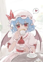 Rule 34 | 1girl, ascot, bat wings, bilibili username, blue hair, blush, cake, cake slice, collared shirt, cup, food, frilled shirt collar, frills, fruit, hair between eyes, hat, hat ribbon, heart, highres, holding, holding cup, holding plate, jewelry, looking at viewer, mob cap, pink hat, pink shirt, pink skirt, plate, pointy ears, puffy short sleeves, puffy sleeves, red ascot, red eyes, red ribbon, remilia scarlet, ribbon, shijiu (shizuoxing), shirt, short hair, short sleeves, sitting, skirt, solo, speech bubble, spoken heart, strawberry, table, teacup, touhou, wings, wrist cuffs