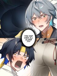 2boys absurdres asaba_harumasa ass ass_focus black_hair blue_hair blush emphasis_lines english_text fang green_eyes grey_hair hair_between_eyes headband highres lyrie_luna male_focus multicolored_hair multiple_boys multiple_views open_mouth pants short_hair surprised sweat two-tone_hair v-shaped_eyebrows wise_(zenless_zone_zero) yellow_eyes zenless_zone_zero