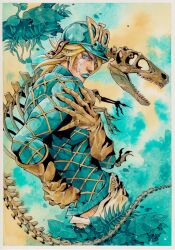 1boy 1other absurdres araki_hirohiko_(style) argyle_clothes argyle_sweater blonde_hair blue_bow blue_eyes blue_helmet blue_lips blue_sweater bow brown_gloves clawed_gauntlets cracked_skin diego_brando dinosaur_skeleton fangs gloves grey_pants helmet highres jojo_no_kimyou_na_bouken looking_at_viewer painting_(medium) pants scary_monsters_(stand) stand_(jojo) steel_ball_run sweater traditional_media watercolor_(medium) xfkart