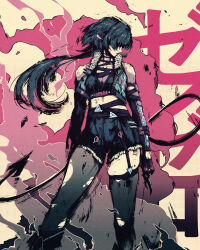 Rule 34 | 1girl, adapted costume, akramness, animal ears, arms at sides, bare shoulders, black hair, black shorts, breasts, cleavage, closed mouth, collared vest, combat knife, covered eyes, cropped vest, detached sleeves, earrings, feet out of frame, fur collar, garter straps, gloves, hair over eyes, high-waist shorts, highres, holding, holding knife, jane doe (zenless zone zero), jewelry, knife, legs apart, lips, long hair, long tail, low ponytail, midriff, mouse ears, multicolored hair, open clothes, open vest, pantyhose, pantyhose under shorts, ponytail, red hair, sharp tail, shorts, single garter strap, single leg pantyhose, single thighhigh, skindentation, solo, sports bra, standing, stud earrings, tail, thighhighs, torn clothes, torn pantyhose, torn thighhighs, two-tone hair, very long hair, vest, weapon, zenless zone zero