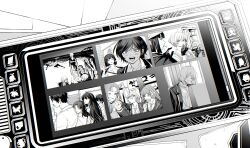 6+boys 6+girls apron bow closed_eyes closed_mouth coat coat_on_shoulders collared_shirt don_quixote_(project_moon) faust_(project_moon) gloves gregor_(project_moon) greyscale hair_bow hairband hand_up heathcliff_(project_moon) highres hong_lu_(project_moon) indoors ishmael_(project_moon) limbus_company long_hair maki_maki_(makimakipoipoi) mephistopheles_(project_moon) meursault_(project_moon) monochrome multiple_boys multiple_girls necktie outis_(project_moon) pda project_moon rodion_(project_moon) rope ryoshu_(project_moon) shirt short_hair sinclair_(project_moon) sitting sleeping sweater very_long_hair wing_collar yi_sang_(project_moon)