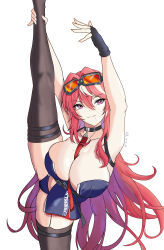 Rule 34 | 1girl, absurdres, armpits, arms up, azur lane, black gloves, black thighhighs, blue panties, breasts, cameltoe, character name, closed mouth, fingerless gloves, franklin (azur lane), gloves, goggles, goggles on head, highres, huge breasts, kei4, leg grab, leg lift, leg up, long hair, looking at viewer, mole, mole on breast, mole under mouth, multicolored hair, panties, purple eyes, red hair, simple background, solo, split, standing, standing on one leg, standing split, streaked hair, thighhighs, underwear, very long hair, white background, white hair