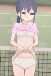 1girl angry black_eyes black_hair blush bow bow_bra bra breasts cleavage clothes_lift crotch_seam embarrassed frilled_panties frills lace lace-trimmed_panties lace_trim loli long_hair looking_at_viewer low_ponytail navel open_mouth original panties pink_shirt ponytail shirt shirt_lift shooko short_sleeves sidelocks skirt skirt_lift small_breasts sportswear standing steam sweat tennis_court tennis_net tennis_uniform underwear white_bow white_bra white_panties white_skirt