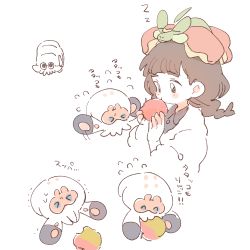 &gt;_&lt; 1girl alternate_hairstyle apple blush_stickers brown_hair buttons clobbopus closed_eyes collared_dress commentary_request creatures_(company) dress eating flapple flying_sweatdrops food fruit game_freak gen_1_pokemon gen_8_pokemon gloria_(pokemon) hands_up highres holding holding_food holding_fruit jacket long_hair nintendo nodori710 omanyte on_head partially_colored pokemon pokemon_(creature) pokemon_on_head pokemon_swsh sleeping trembling white_jacket zzz