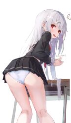 1girl artist_name ass black_serafuku black_shirt black_skirt blush book commentary_request desk fuji_sakura hair_ornament hand_up highres leaning_forward legs long_hair long_sleeves looking_at_viewer looking_back miniskirt open_mouth original panties pantyshot pleated_skirt raised_inner_eyebrows red_eyes sailor_collar school_desk school_uniform serafuku shirt sideways_glance simple_background skirt solo standing turning_head underwear very_long_hair wavy_mouth white_background white_hair white_panties white_sailor_collar x_hair_ornament
