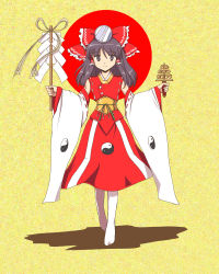 1girl bell bow detached_sleeves embellished_costume female_focus flx hair_bow hakurei_reimu highres japanese_clothes jingle_bell kagura_suzu long_hair looking_at_viewer miko smile solo touhou white_legwear yin_yang