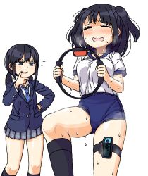 2girls black_eyes black_hair blush breath buruma closed_eyes gym_uniform hand_on_own_hip hand_on_own_chin highres holding joy-con maruput multiple_girls original ring_fit_adventure school_uniform simple_background smug sweat thigh_strap twintails two_side_up white_background