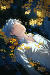 1boy blue_hair closed_eyes highres khun_aguero_agnis kunyetog leaf lying lying_on_water on_back on_water original partially_submerged petals petals_on_liquid rain reflection reflective_water shirt short_hair solo tower_of_god underlighting water water_drop wet wet_clothes wet_shirt white_shirt yellow_leaves