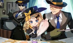 1girl 2boys :q aged_down apron baking black_hair blonde_hair blue_eyes bow brooch child closed_eyes closed_mouth dress drill_hair facial_hair facing_another food food_on_clothes food_on_face formal_clothes genshin_impact glasses gloves grey_hair hair_bow hat hat_bow height_difference highres indoors jacket jewelry kitchen long_hair long_sleeves looking_at_object melus_(genshin_impact) multiple_boys mustache nara_nakiri navia_(genshin_impact) necktie oven_mitts photo_(object) picture_frame round_eyewear shirt short_hair silver_(genshin_impact) smile sparkle suit sunglasses sweat tongue tongue_out