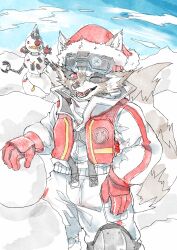 1boy absurdres animal_ears ao_gravity blue_sky cloud fangs furry furry_male gloves goggles goggles_on_head hand_on_own_hip hat highres jacket looking_at_viewer male_focus marvel marvel_rivals one_eye_closed open_mouth raccoon_boy raccoon_ears raccoon_tail red_eyes red_gloves red_vest rocket_raccoon rocket_raccoon_(wild_winter)_(marvel_rivals) santa_hat sky snowman tail vest whiskers white_jacket
