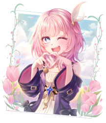 1girl ;o absurdres blue_eyes breasts coat commentary cyrene_(honkai:_star_rail) dress flower four-finger_heart_hands hair_ornament heart heart_hands highres honkai:_star_rail honkai_(series) looking_at_viewer one_eye_closed open_mouth pink_flower pink_hair pink_tulip purple_coat short_hair simple_background small_breasts solo symbol-only_commentary tulip white_background white_dress yng07032