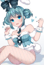 1girl absurdres animal_ears aqua_eyes aqua_hair aqua_leotard bare_shoulders bicute_bunnies_miku bicute_bunnies_miku_(white_bunny) bow breasts cleavage detached_collar double_bun ear_bow ear_ribbon fake_animal_ears fishnet_pantyhose fishnet_thighhighs fishnets fur-trimmed_leotard fur-trimmed_vest fur_armlet fur_trim hair_bun hatsune_miku heart highres leotard looking_at_viewer nail_polish necktie on_floor open_mouth pantyhose playboy_bunny rabbit_ears rabbit_tail short_necktie sitting sk_duki solo strapless strapless_leotard tail thighhighs thighs tied_ears vest vocaloid white_background wrist_cuffs