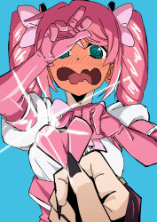 2girls @_@ aqua_eyes blue_background blush bow commentary_request drill_hair embarrassed female_pov fingernails full-face_blush gloves hair_bow hanabishi_haruka heart_pasties highres hiiragi_utena hitori_ninjin holding_pasties long_fingernails magia_baiser magia_magenta mahou_shoujo_ni_akogarete multiple_girls nail_polish open_mouth pasties pink_bow pink_gloves pink_hair pink_skirt pov shirt single_pasty skirt sparkle twin_drills twintails white_shirt