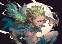 1boy angry animal_print ankle_cuffs armlet bell capelet clawed_hands claws feral_child final_fantasy final_fantasy_vi full_moon gau green_hair jewelry leopard_print looking_at_viewer male_focus messy_hair moon moonlight navel night night_sky pointy_ears ponytail prema-ja red_eyes sharp_teeth shawl shorts sideburns sky solo teeth topless_male wild_hair