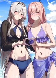 2girls 3_small_spiders alternate_costume an-94_(girls&#039;_frontline) aqua_eyes bikini black_hairband blonde_hair blue_bikini blue_sky blush breasts cloud collarbone commentary_request double_finger_heart finger_heart girls&#039;_frontline hairband long_hair looking_at_viewer multicolored_hair multiple_girls navel ocean open_mouth pink_hair purple_bikini purple_eyes purple_hair purple_sarong sarong sky small_breasts st_ar-15_(girls&#039;_frontline) stomach streaked_hair swimsuit two-tone_hair wet