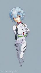 Rule 34 | 1girl, artist name, ayanami rei, blue background, blue hair, bodysuit, breasts, full body, highres, interface headset (evangelion), looking at viewer, mecha pilot suit, neon genesis evangelion, payama, red eyes, short hair, simple background, solo, white bodysuit