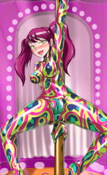 1girl anus atlus blush bodypaint breasts colorful damu_otoko earrings female_focus jewelry kujikawa_rise long_hair medium_breasts naked_paint naughty_face nipples nude open_mouth persona persona_4 pole pole_dancing pussy red_hair shadow_(persona) skin_tight solo stage twintails uncensored yellow_eyes