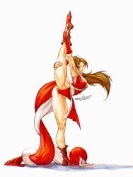 1girl brown_hair long_hair ponytail shiranui_mai snk split standing standing_on_one_leg standing_split the_king_of_fighters zero_setsu