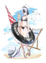 1girl absurdres bare_shoulders beach bikini bird black_bikini black_choker black_hair black_horns blue_archive blush choker closed_mouth demon_horns full_body grey_halo hair_between_eyes halo highres horns innertube kayoko_(blue_archive) long_hair looking_at_viewer multicolored_hair navel outdoors ponytail red_eyes revebw sandals seagull simple_background solo standing stomach swim_ring swimsuit two-tone_hair white_hair